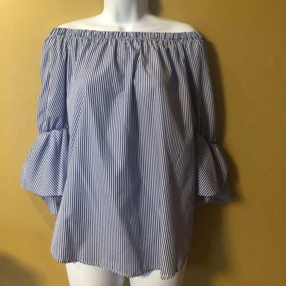 Off shoulder blue white striped top ruffled sleeve